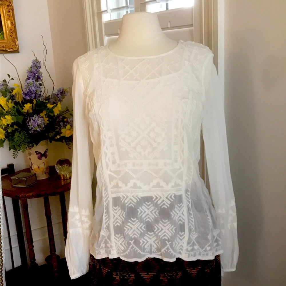 Women's Lucky Brand Ivory Embroidered Long Sleeve Blouse NWOT